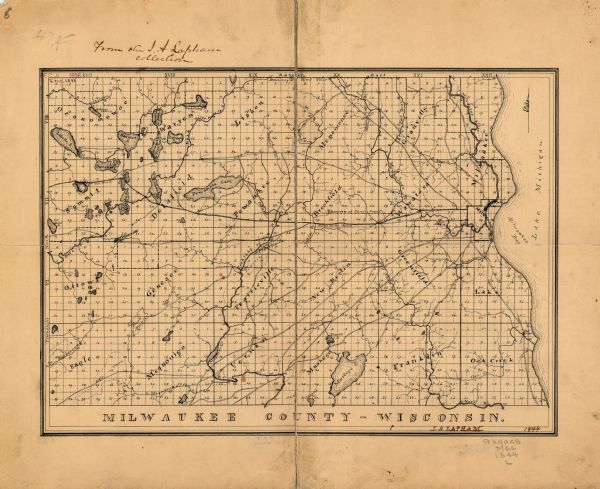 An ink on paper, hand-drawn map of Milwaukee County that shows the sectioning of townships, the boundary of the canal grant, roads, streams, lakes, including Muskego Lake, Pewaukee Lake, and Whitefish Bay in Lake Michigan, as well as identifying the towns with in the area, which includes those of Waukesha, Mukwonago, Oak Creek, and New Berlin.  
