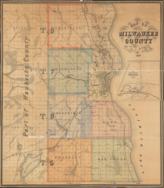 An ink on paper map of Milwaukee County and the eastern portion of Waukesha County that shows the townships of Oak Creek, Franklin, Greenfield, Wauwatosa, Lake, and Granville, and Milwaukee. In addition, the map also displays the roads, railroads, railroad stations, post offices, lakes and streams, prairies, wetlands, and selected churches, schools, taverns, breweries, groceries, hotels, and justices of the peace in these areas. The inset in the map shows the plat and roads of the village of Wauwatosa, Wisconsin.