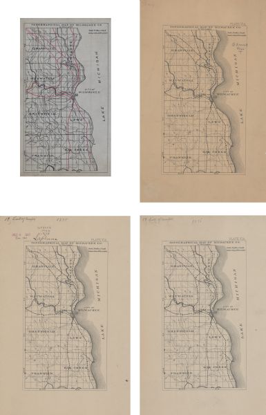 A series of four, ink on tracing cloth maps of Milwaukee County, Wisconsin that show the topography, the Milwaukee and Menomonee rivers, and railroad of the county, as well as identifying the townships of Lake, Franklin, Oak Creek, Greenfield, Wauwatosa, Waukee, Granville, and Milwaukee.
