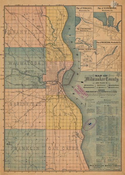 A hand-colored map of Milwaukee County, Wisconsin that shows the township and range system, sections, towns, roads, railroads and rail stations, cities and villages, post offices, churches, schools, and other public buildings, and lakes and rivers. The map also includes an index list of the post offices, stations, villages and places, parks and summer resorts, public and toll roads, and rivers and creeks. The series of inset maps included depicts the streets and other details for the cities of Pewaukee, Oconomowoc, Wauwatosa, and Waukesha, as well as for the National Soldiers Home in the Milwaukee County.