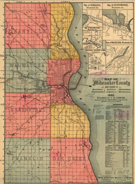 A hand-colored map of Milwaukee County, Wisconsin that shows the township and range system, sections, towns, roads, railroads and rail stations, cities and villages, post offices, churches, schools, and other public buildings, and lakes and rivers. The map also includes an index list of the post offices, stations, villages and places, parks and summer resorts, public and toll roads, and rivers and creeks. The series of inset maps included depict the plans for the cities of Pewaukee, Oconomowoc, Wauwatosa, and Waukesha, in addition to a map of the National Soldiers Home in the County.