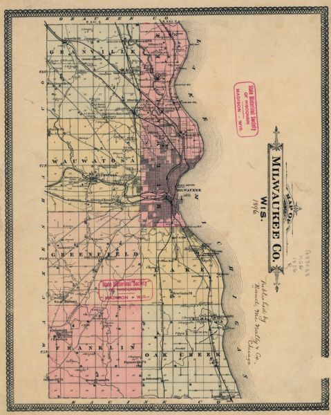 A map of Milwaukee County, Wisconsin that shows the township and range system, sections, towns, roads, railroads and rail stations, cities and villages, post offices, churches, schools, and other public buildings, lakes and rivers, and selected landowners.