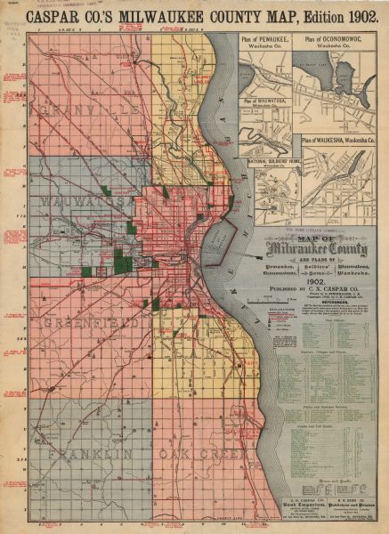 A map of Milwaukee County, Wisconsin that shows the township and range system, sections, towns, roads, railroads and rail stations, cities and villages, post offices, churches, schools, and other public buildings, and lakes and rivers. The map also includes an index list of the post offices, stations, villages and places, parks and summer resorts, public and toll roads, and rivers and creeks. The series of inset maps included depict the plans for the cities of Pewaukee, Oconomowoc, Wauwatosa, and Waukesha, in addition to a map of the National Soldiers Home in the County.