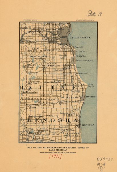A map of the Racine, Kenosha, and portions of Milwaukee counties, that shows the townships in Racine and Kenosha, and the townships of Brookfield, New Berlin, Wauatosa, New Berlin, Muskego, Franklin, Oak Creek, Lake, and Milwaukee. The map also identifies the location of a number of lakes in the area including, Silver Lake, Camp Lake, Eagle Lake, Wind Lake, and Muskego Lake.