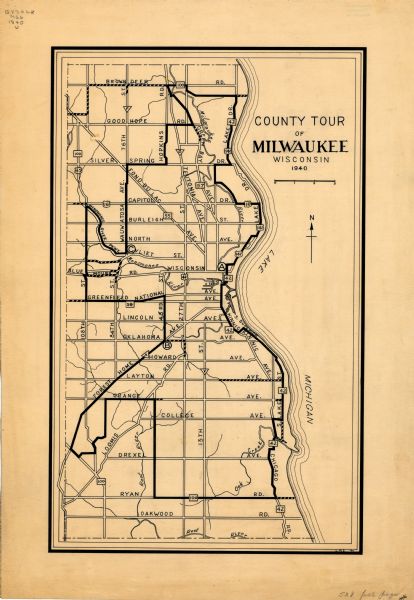 A map of Milwaukee County, showing the route of the county tour of Milwaukee in the dark line, as well as identifying other roads, streets, and the Root, Menomonee, and Green Bay Rivers.