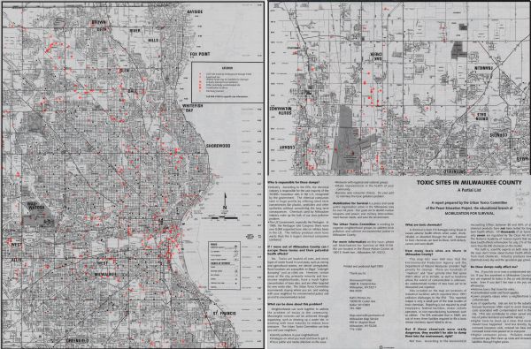 A map of Milwaukee County, indicating the locations of toxic sites and the types of toxic sites, ranging from those listed as a superfund site, industry released toxin or pollutant, and those sites being cleaned-up.  The map also shows roads, parks, schools, shopping centers, and hospitals.  The opposite side provides a continuation of the map from Cudahy to Oak Creek, and includes text regarding the toxic sites.