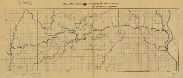 A pen and ink on tracing paper, hand-drawn and colored map the proposed route of the Milwaukee and Rock River Canal, ranging from the Rock River in the west to Lake Michigan in the east. The map also shows townships and ranges, sections, lakes and creeks in the area, as well as the Menomonee, Bark, and Oconomowoc Rivers.