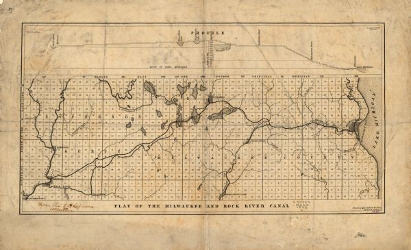 A map of the proposed route of the Milwaukee and Rock River Canal from Fort Atkinson on the Rock River in the west to the city of Milwaukee and Lake Michigan in the west. It shows townships and ranges, sections for portions of Jefferson and Milwaukee counties, as well as identifying a number of rivers, lakes, and streams, some of which include Branch, Fox/Pishtaka rivers, Johnson’s run, and Oak and Kinickinic creeks. In addition, the map provides a profile of the map showing the elevation of the route above the level of Lake Michigan.