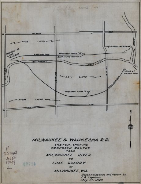 A hand-drawn map of showing the two proposed routes from the Milwaukee River to the Moody’s Lime Quarry at Milwaukee, Wisconsin. The map includes the routes relative location to Grand and National Avenues and 27th, 16th, and 6th streets, as well as indicating the distance of each of the proposed routes.