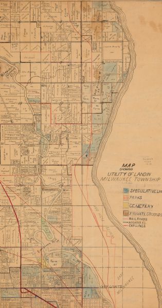 A hand-drawn and colored map of the Milwaukee Township, showing how lands were used, included are parks, cemeteries, private grounds, and speculative land. The map also shows land ownership throughout Milwaukee with acreage amount and labels the locations of railroads, highways, and car lines.