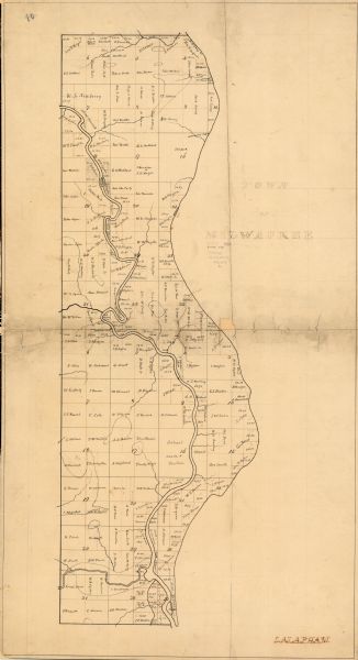 An ink on paper, hand-drawn map of the town of Milwaukee, showing the divisions and landownership within the town by private individuals as well as those lands owned by the United States. The map provides depicts the locations of rivers and lakes in the area, but does not provide the names of them.