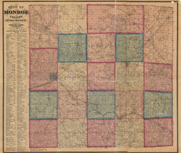 A map of Monroe County, Wisconsin that shows the townships and landownership and acreage wagon roads, railroads, streams, schools, and houses. Also included to the left of the map is a business directory of the cities and villages in Monroe County.