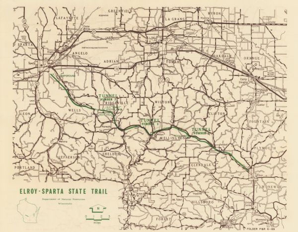 A map of the Elroy-Sparta State Trail and the surrounding area, showing the townships, the towns of Cashton, Sparta, in the west, and Union Center and Elroy in the east. In addition, the map also shows the location of Camp Douglas and Camp McCoy military bases, as well as the state roads and highways, railroads, rivers that are in the area.
