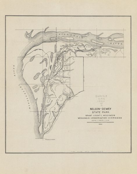 A map of the Nelson-Dewey State Park at the confluence of the Mississippi and Wisconsin rivers, showing the topographical features of the area, as well as the location of Indian mounds, other points of interests, roads, and the Chicago, Burlington and Quincy Railroad.