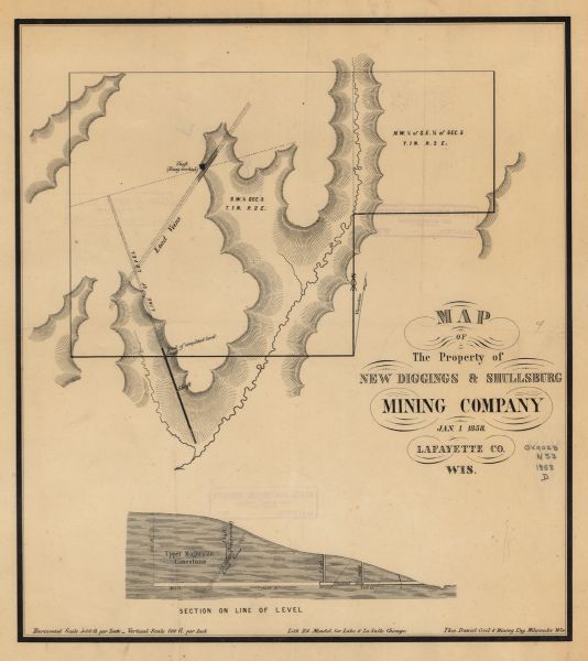 This 1858 map shows mine shafts, lead veins, and topography on the property of the New Diggings and Shullsburg Mining Company in Section 5 of Township 1 N., Range 2 E in the Town of Shullsburg. A cross section showing the lead veins and mine shafts is included. 
