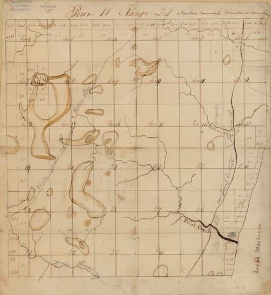 This 19th-century manuscript map of the Town of Newton, Manitowoc County, Wisconsin, shows sections, lakes and streams, the trail from Chicago to Green Bay, and the route of a "contemplated road" running north-south in the eastern portion of the town.