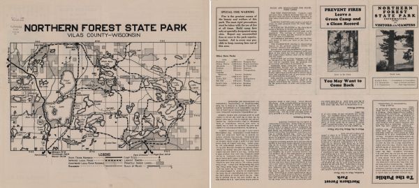 This Wisconsin Conservation Commission map from the 1920s shows roads, railroads, campsites, lookout towers, and privately owned lands in Northern Forest State Park (which later became part of the Northern Highland-American Legion State Forest) in the towns of Arbor Vitae, Boulder Junction, and Plum Lake in Vilas County. Text on the verso of the map provides additional information about the park.
