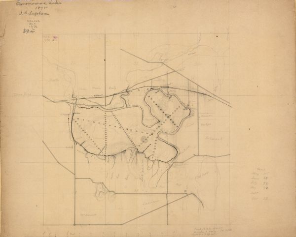 This manuscript map by Increase Lapham, drawn in the last year of his life, shows landownership, roads and railroads, springs, and boat houses around Oconomowoc Lake, in the towns of Oconomowoc and Summit, Waukesha County, Wisconsin. Shoreline relief and lake depths are also indicated.
