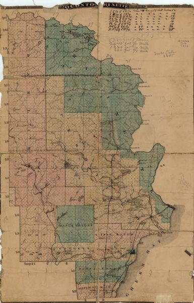 This map, originally published in the 1881 Illustrated historical atlas of Wisconsin, shows the township and range system, sections,towns, cities and villages, railroads, and streams and lakes in Marinette, Oconto, and Florence counties and portions of Forest and Menominee counties, Wisconsin. Handwritten annotations provide additional information.
