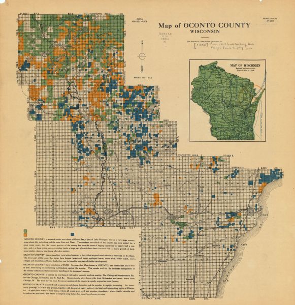 This map shows the township and range system, sections, cities and villages, railroads, roads, and streams and lakes in Oconto County, Wisconsin.  Color coding indicates the land owned by the Holt Lumber Company and the Oconto Company.  A location map and text about Oconto County are included.