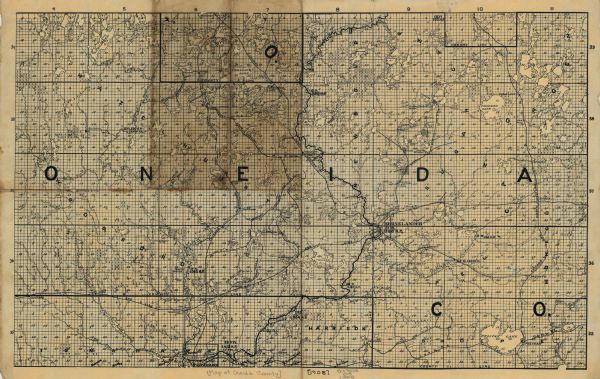 This early 20th century map shows the township and range system, sections, state-owned land, selected buildings and landownership, railroads, bridges, and streams, lakes and rapids in Oneida County and the northern part of Lincoln County, Wisconsin.
