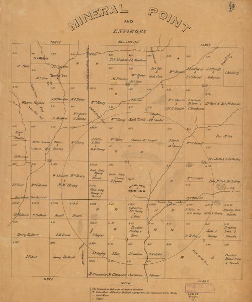 This early to mid-19th century map shows the township and range system, sections, landownership, furnaces, lead mines, copper mines, and roads in the vicinity of "Mineral Point Court House" in the Town of Mineral Point, Iowa County, Wisconsin.