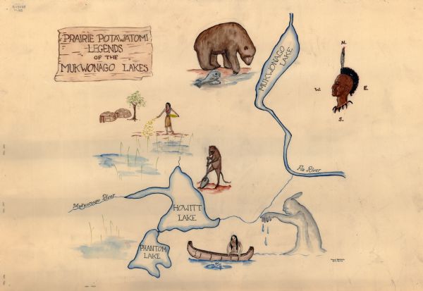 This pictorial map illustrates Potawatomi Indian legends from the region of  Lower Phantom Lake, labeled Howitt Lake on the map, Phantom Lake, and Mukwonago Lake on the Fox River in the towns of Mukwonago and Vernon, Waukesha County, Wisconsin. Text by Charles E. Brown outlining the legends accompanies the map.

