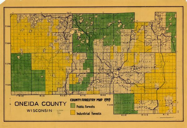 This map identifies public forest land and industrial forest land as of 1959 in Oneida County, Wisconsin, using a 1930 base map showing the township and range grid, sections, towns, roads, railroads, and lakes and streams in the county.
