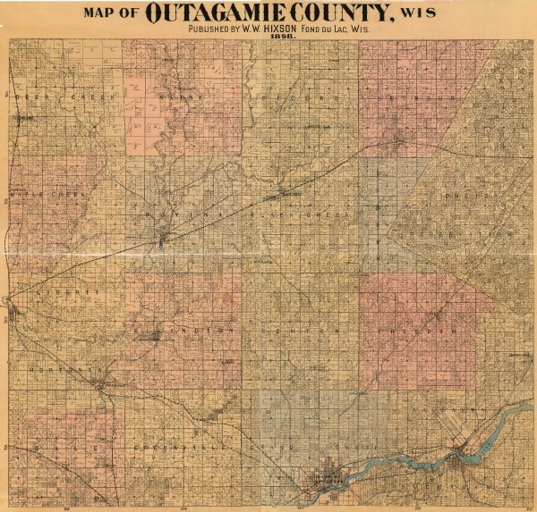 This 1898 map of Outagamie County, Wisconsin, shows the township and range grid, towns, sections, cities and villages, the Oneida Reservation, landownership and acreages, roads, railroads, and rivers and streams.