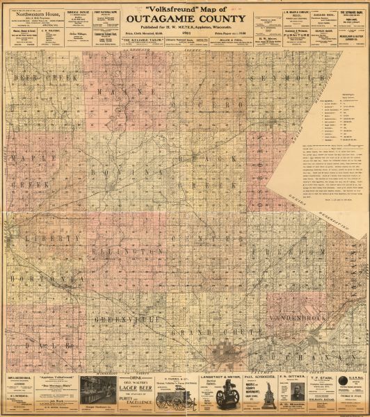 This 1903 map of Outagamie County, Wisconsin, shows the township and range grid, towns, sections, cities and villages, landownership and acreages, rural mail routes, railroads, street car lines, wagon roads, churches, schools, town halls, and rivers and streams.