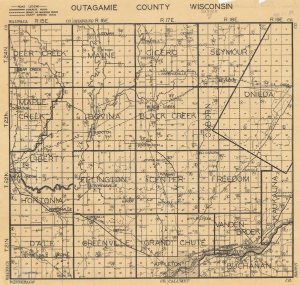 This map of Outagamie County, Wisconsin, from the first half of the 20th century, shows the township and range grid, towns, sections, cities and villages, roads, railroads, schools, churches, cemeteries, town halls, and rivers and streams. The Oneida Reservation is labeled "Onieda."