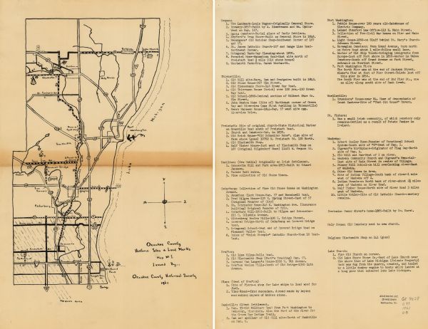 This 1961 map of Ozaukee County, Wisconsin, identifies historic sites and landmarks in the county. Cities and villages, roads, and lakes and streams are also shown and an index to the historic sites is given on the verso of the map.