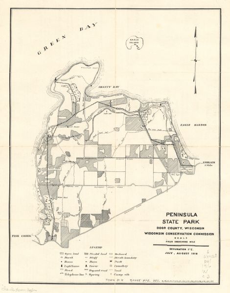 This Wisconsin Conservation Commission map from 1916 shows Peninsula State Park in the Town of Gibraltar, Door County, Wisconsin. Depicted are open and planted land, orchards, houses, barns, lighthouses, docks, roads and proposed roads, trails, camp sites, towers, cemeteries, telephone lines, marshes, springs, and campsites.
