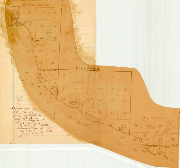 This 1887 manuscript map by Amidon G. Miller covers portions of the towns of Nelson and Stockholm in Pepin County, Wisconsin, as well as a portion of the Town of Maiden Rock in Pierce County and a portion of the Town of Nelson in Buffalo County. The map shows the supposed site of an old French fort, the township and range grid, sections, villages, creeks, and low land around the mouth of the Chippewa River.