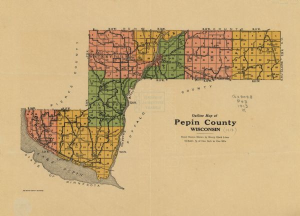 This 1913 map of Pepin County, Wisconsin, shows the township and range grid, towns, villages, rural routes, railroads, roads, schools, churches, cemeteries, town halls, creameries, cheese factories, Lake Pepin, and the Chippewa River.