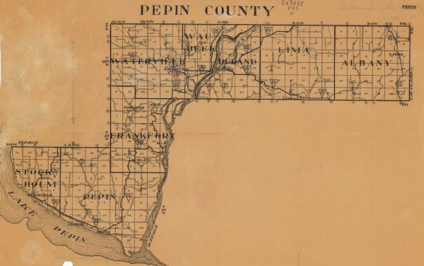 This map of Pepin County, Wisconsin, from the first half of the 20th century shows the township and range grid, towns, villages, railroads, roads, schools, churches, cemeteries, Lake Pepin, and the Chippewa River.