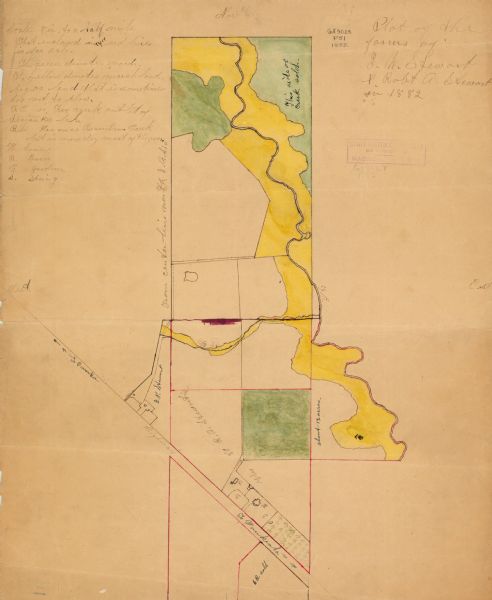 This manuscript map from 1882 shows land use and land for sale in a portion of the Town of Pewaukee, Waukesha County, Wisconsin. Woods, marshland, springs, gardens and farm buildings are depicted.
