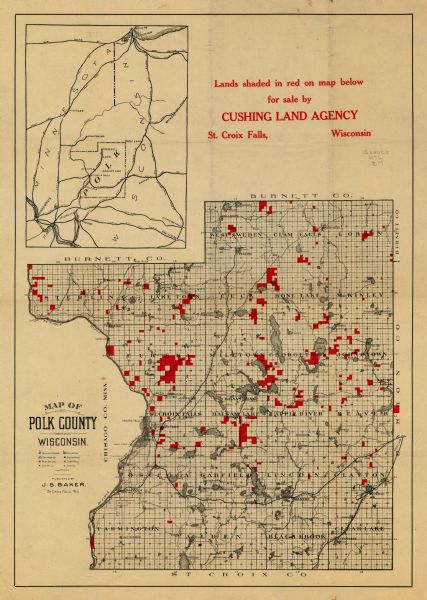 This map of Polk County, Wisconsin, from the early 20th century shows the land for sale by the Cushing Land Agency of Saint Croix Falls. The township and range grid, towns, sections, cities and villages, railroads, roads, and streams and lakes are depicted and an inset map shows the location of the county and its rail connections.