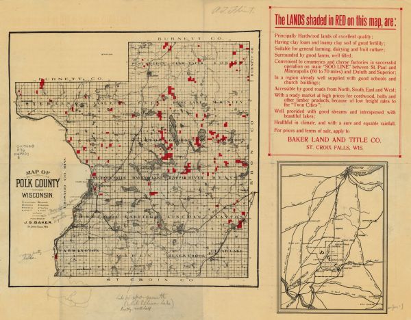 This map of Polk County, Wisconsin, from the early 20th century shows the land for sale by the Baker Land and Title Co. of Saint Croix Falls. The township and range grid, towns, sections, cities and villages, railroads, roads, and streams and lakes are depicted and an inset map shows the location of the county and its rail connections.