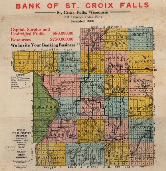 This map from the early 20th century shows the township and range grid, towns, sections, cities and villages, railroads, roads, schools, churches, and streams and lakes in Polk County, Wisconsin, and the eastern portion of Chisago County, Minnesota. Also shows townships, roads, schools, churches, railroads, lakes & streams. Includes advertisement for Bank of St. Croix Falls.