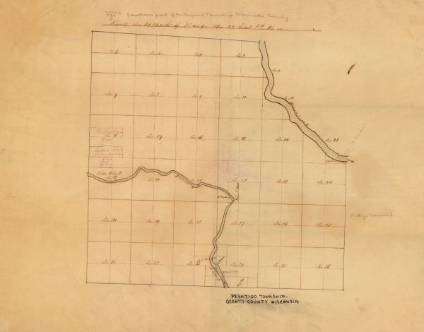 This manuscript map of the southern portion of the Town of Porterfield, Marinette County, Wisconsin, shows sections and land ownership. The Menominee River and Peshtigo River are depicted. The map is labeled "Peshtigo Township - Oconto County Wisconsin" indicating it was drawn prior to the separation of Marinette County from Oconto County in 1887. 
