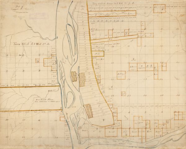 This early 19th century manuscript map of Prairie du Chien, Wisconsin, shows sections, landownership and acreages, roads, and ferries in the towns of Bridgeport and Prairie du Chien. Sections and landownership and acreages, including "Bazil Giard's claim" are also show in the eastern portion of Mendon Township, Clayton County, Iowa. 
