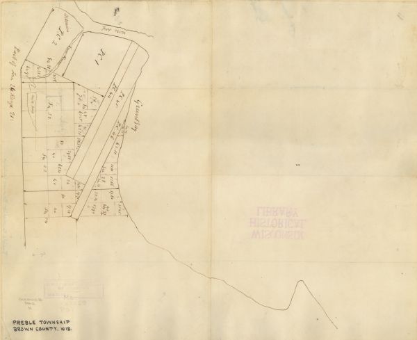 This 19th century manuscript map shows lots and acreages in northern Green Bay, Wisconsin, east of the Fox River. "Preble Township, Brown County, Wis." is inscribed on the map in different handwriting.
