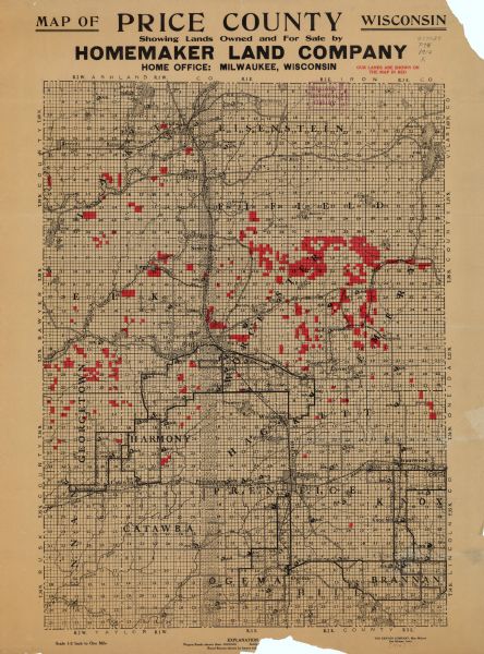 This map of Price County, Wisconsin, from the early 20th century shows land for sale by the Homemaker Land Company of Milwaukee. The township and range system, towns, sections, cities and villages, railroads, wagon roads, settlers' houses, schools, rural postal routes, and lakes and streams are depicted.