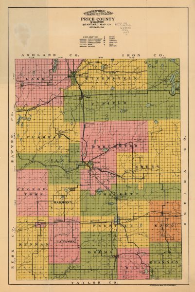 This map of Price County, Wisconsin, from the early 20th century shows the township and range system, towns, sections, cities and villages, railroads, highways and roads, schools, churches, town halls, cemeteries, mills, and creameries. It does not show topography. 
