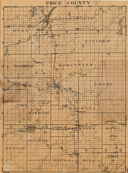 This map of Price County shows roads, railroads, schools, churches, and cemeteries. Townships are labelled, as well as some points of interest. There appear to be borders drawn around each township with sections of the townships divided and numbered.