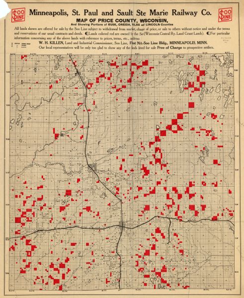 This map from the early 20th century shows the Wisconsin Central Railroad land grant lands owned and for sale by the Soo Line in Price County, Wisconsin, as well as the western portions of Oneida, Vilas, and Lincoln counties. Also shown are the township and range grid, sections, cities and villages, roads, railroads, schools, churches, farms, and lakes and streams.

