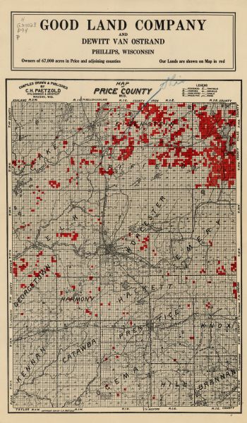 This 1914 map of Price County, Wisconsin, shows land for sale by the Good Land Company and Dewitt van Ostrand of Phillips. Also shown are the township and range grid, towns, sections, cities and villages, roads, railroads, residences, churches, cheese factories, schools, town halls, saw mills, resorts, and lakes and streams.