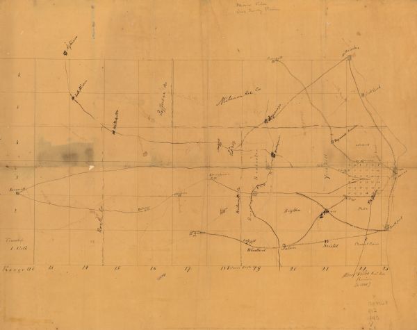 This manuscript map, drawn about 1845, shows the township and range grid, villages, post offices, and roads in Kenosha, Racine, and Walworth counties and in portions of Dane, Jefferson, Milwaukee, Rock, and Waukesha counties west to Janesville and north to Milwaukee. Named towns in Racine and Kenosha counties are identified and Kenosha is labeled Southport.