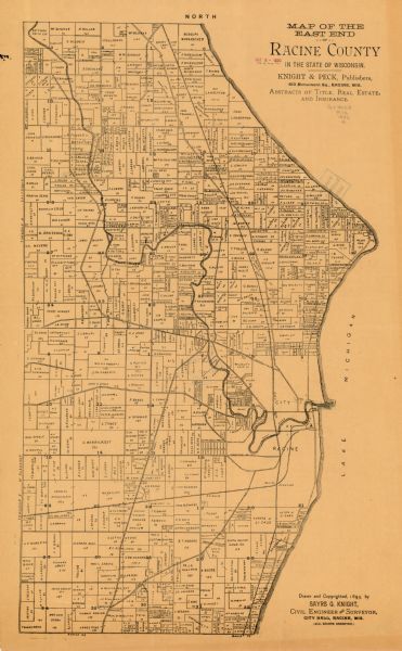 This 1893 map of the eastern portion of Racine County, Wisconsin, shows land ownership and acreages, railroads, and roads in the towns of Caledonia and Mount Pleasant.